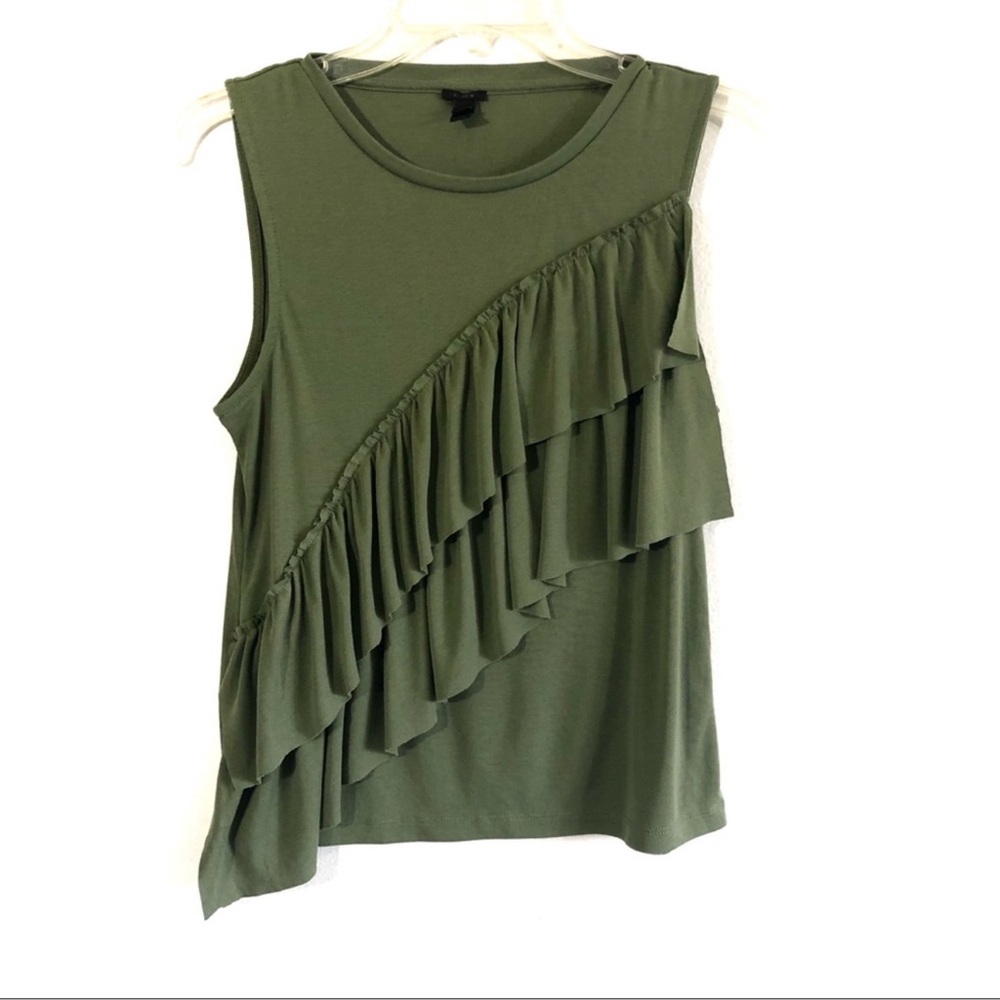 J. Crew olive green ruffle front Asymmetrical tank